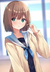 Rule 34 | 1girl, black shirt, blue neckerchief, blunt bangs, blurry, blurry background, blush, bob cut, brown cardigan, brown hair, cardigan, commentary request, depth of field, enuni, green eyes, hair ornament, hairclip, hand up, highres, indoors, long sleeves, looking at viewer, neckerchief, open cardigan, open clothes, original, parted lips, revision, sailor collar, school uniform, serafuku, shirt, short hair, solo, upper body, wavy mouth, white sailor collar