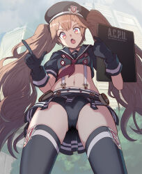 Rule 34 | 1girl, ammunition belt, ammunition pouch, brown eyes, brown hair, cropped shirt, fang, feet out of frame, flat chest, from below, goddess of victory: nikke, hat, highres, holding, light blush, long hair, looking at viewer, midriff, military hat, miniskirt, miranda (nikke), navel, neckerchief, pleated skirt, pouch, red neckerchief, sailor collar, sailor shirt, shirt, sketch, skin fang, skirt, solo, standing, syope, thighs, twintails, very long hair