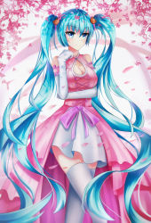 Rule 34 | 1girl, absurdres, bad id, bad pixiv id, bare shoulders, bear hair ornament, blue eyes, blue hair, breasts, cleavage, cleavage cutout, clothing cutout, dress, elbow gloves, eyebrows, gloves, hair ornament, hatsune miku, highres, long hair, matching hair/eyes, medium breasts, pink dress, solo, thighhighs, twintails, very long hair, vocaloid, white gloves, white thighhighs, zqzqy
