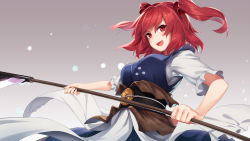 Rule 34 | 1girl, :d, asutora, black sash, blue dress, blush, breasts, commentary request, dress, gradient background, grey background, hair between eyes, hair bobbles, hair ornament, head tilt, holding, holding scythe, holding weapon, medium breasts, onozuka komachi, open mouth, red eyes, red hair, sash, scythe, shirt, short hair, short sleeves, smile, solo, touhou, two side up, upper body, weapon, white shirt