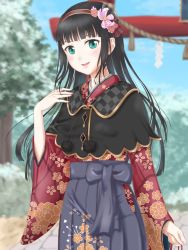 Rule 34 | 1girl, aqua eyes, artist name, artist request, black hair, blue hakama, blue sky, blush, bow, cloud, day, female focus, floral print, flower, flower print, green eyes, hair bobbles, hair bow, hair flower, hair ornament, hairband, hairbraid, hairclip, hairpin, hakama, hakama skirt, happy new year, highres, holding, japanese clothes, kimono, kurosawa dia, long hair, long sleeves, looking at viewer, love live!, love live! school idol festival, love live! sunshine!!, mole, mole under mouth, msking (msking24342141), new year, outdoors, parted lips, pink flower, red hairband, red kimono, skirt, sky, smile, solo, white flower, wide sleeves