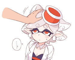 Rule 34 | ..., 1girl, ?, breasts, cleavage, detached collar, earrings, eyebrows, food, food on head, hand on another&#039;s head, head pat, headpat, inkling, jewelry, marie (splatoon), mole, mole under eye, nintendo, object on head, pointy ears, red eyes, short hair, silver hair, simple background, small breasts, solo, solo focus, splatoon (series), splatoon 1, spoken ellipsis, spoken question mark, sweatdrop, tentacle hair, tentacles, ter (otokoter), thick eyebrows, white background