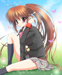 Rule 34 | bad id, bad pixiv id, brown hair, bug, butterfly, insect, little busters!, long hair, mizuki chika, natsume rin, plaid, plaid skirt, ponytail, red eyes, school uniform, skirt, solo