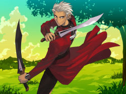 Rule 34 | 1boy, archer (fate), dual wielding, fate/stay night, fate (series), grey eyes, holding, male focus, nature, outdoors, silver hair, sky, solo, spiked hair, sword, wallpaper, weapon