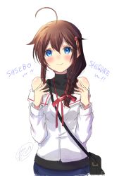 Rule 34 | 1girl, ahoge, bad id, bad pixiv id, bag, bare shoulders, black undershirt, blue eyes, blush, braid, brown hair, character name, collared shirt, commentary, cowboy shot, english commentary, hair between eyes, hair flaps, hair ornament, hair over shoulder, ittokyu, kantai collection, long hair, looking at viewer, neck ribbon, off-shoulder shirt, off shoulder, official alternate costume, red ribbon, ribbon, shigure (kancolle), shigure kai ni (kancolle), shirt, signature, simple background, single braid, sleeveless, sleeveless shirt, solo, white background, white shirt