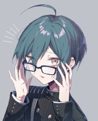 Rule 34 | 1boy, ahoge, black jacket, brown eyes, buttons, commentary request, danganronpa (series), danganronpa v3: killing harmony, double-breasted, glasses, goto (sep), green hair, grey background, hair between eyes, hands up, highres, jacket, long sleeves, looking at viewer, male focus, open mouth, saihara shuichi, short hair, simple background, solo, striped clothes, striped jacket, sweatdrop, upper body