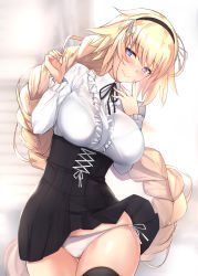 Rule 34 | 1girl, black skirt, black thighhighs, blonde hair, blouse, blush, braid, breasts, casual, collared shirt, commentary request, day, fate/grand order, fate (series), frilled shirt, frills, hair between eyes, hairband, hands up, head tilt, high-waist skirt, highres, jeanne d&#039;arc (fate), jeanne d&#039;arc (ruler) (fate), large breasts, long hair, long sleeves, looking at viewer, meme attire, neck ribbon, outdoors, panties, ribbon, shirt, side-tie panties, single braid, skindentation, skirt, smile, solo, thighhighs, underwear, untue, very long hair, virgin killer outfit, white panties, white shirt, wind, wind lift