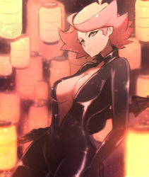Rule 34 | 1girl, amanda o&#039;neill, artist name, black bodysuit, bodysuit, breasts, catsuit, center opening, green eyes, latex, little witch academia, looking at viewer, medium breasts, omiza somi, orange hair, short hair, skin tight, solo, unzipped