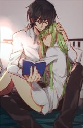 Rule 34 | 1boy, 1girl, arm around neck, bare legs, bed, bed sheet, black hair, book, breasts, brown pants, c.c., code geass, collarbone, collared shirt, commentary, couple, creayus, day, closed eyes, green hair, hair between eyes, hand on another&#039;s head, hetero, holding, holding book, hug, indoors, lelouch vi britannia, long hair, long sleeves, no pants, on bed, open book, pants, pillow, purple eyes, reading, shirt, sitting, sketch, sleeping, sleeping upright, small breasts, sunlight, underboob, very long hair, white shirt, wing collar