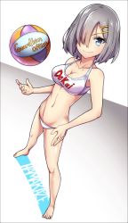 Rule 34 | 1girl, alternate costume, ball, barefoot, beach volleyball, bikini, blue eyes, blush, breasts, character name, closed mouth, eyes visible through hair, full body, gradient background, grey hair, hair ornament, hair over one eye, hairclip, hamakaze (kancolle), highres, kantai collection, looking at viewer, medium breasts, playing sports, simple background, solo, standing, swimsuit, tanashi (mk2), volleyball, volleyball (object), white background