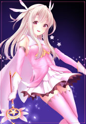 Rule 34 | 1girl, :d, boots, detached sleeves, earrings, fate/kaleid liner prisma illya, fate (series), feather hair ornament, feathers, floating hair, gloves, grey thighhighs, hair ornament, highres, holding, holding staff, illyasviel von einzbern, jewelry, layered skirt, long hair, long sleeves, looking at viewer, miniskirt, open mouth, oz-da-yon, pink feathers, pink footwear, pink shirt, pink sleeves, pleated skirt, prisma illya, red eyes, shirt, silver hair, skirt, sleeveless, sleeveless shirt, smile, solo, staff, thigh boots, thighhighs, two side up, white gloves, white skirt
