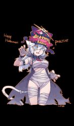 Rule 34 | 1girl, absurdres, alchemy stars, animal ears, black background, blue eyes, breasts, cat ears, cat girl, cat tail, character name, halloween, halloween costume, hat, highres, mummy costume, neonfloyd, philyshy (alchemy stars), simple background, tail, torn clothes, white hair