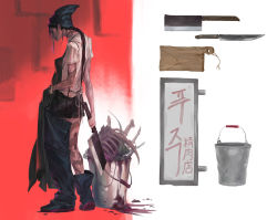Rule 34 | 1girl, apron, beanie, black hair, blood, bone, bucket, cleaver, closed mouth, cutting board, goyoyoo, guro, hand in pocket, hat, holding, holding knife, holding weapon, knife, long hair, multicolored hair, organs, original, pink hair, ponytail, ribs, shorts, snake tattoo, solo, tattoo, watch, weapon