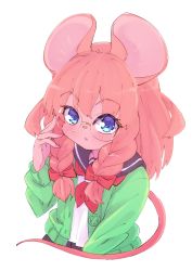 Rule 34 | 1girl, :&lt;, adjusting eyewear, animal ears, black sailor collar, black skirt, blue eyes, blush, bow, braid, closed mouth, female focus, flat chest, furry, furry female, glasses, green sweater, hair bow, hand up, highres, long hair, long sleeves, looking at viewer, mouse ears, mouse girl (yuuki (yuyuki000)), mouse tail, neckerchief, original, pink hair, pleated skirt, red bow, red neckerchief, sailor collar, school uniform, serafuku, shirt, simple background, skirt, solo, sweater, tail, twin braids, upper body, white background, white shirt, yuuki (yuyuki000)