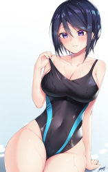 Rule 34 | 1girl, absurdres, black hair, black one-piece swimsuit, breasts, cleavage, clothes pull, collarbone, commentary request, competition swimsuit, covered navel, gradient background, highres, large breasts, niyun (n niyu), one-piece swimsuit, one-piece swimsuit pull, parted lips, purple eyes, school swimsuit, senki zesshou symphogear, signature, simple background, sitting, smile, solo, swimsuit, thighs, tomosato aoi, undersized clothes, wet