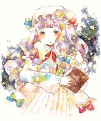 Rule 34 | 1girl, book, female focus, hat, kana komachi, no nose, painting (medium), pale color, patchouli knowledge, solo, touhou, traditional media, watercolor (medium), white background