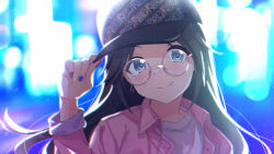 Rule 34 | 1girl, artist request, backlighting, baseball cap, black hair, black hat, blue eyes, blurry, blurry background, commentary request, earrings, film grain, glasses, hat, highres, idolmaster, idolmaster shiny colors, jacket, jewelry, long hair, long sleeves, looking at viewer, mitsumine yuika, multicolored nails, nail polish, pink jacket, round eyewear, shirt, solo, twintails, upper body, white shirt