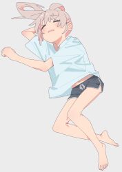 Rule 34 | 1girl, absurdres, ahoge, bare arms, bare legs, barefoot, blue shirt, closed eyes, cottone (highjethoo), dolphin shorts, feet, full body, grey background, grey hair, highres, long hair, lying, multicolored hair, navel, on side, onii-chan wa oshimai!, oyama mahiro, pink hair, shirt, shorts, simple background, sleeping, solo, toes, two-tone hair, underwear