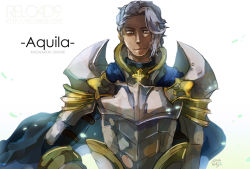 Rule 34 | 1boy, armor, asymmetrical hair, bad id, bad pixiv id, blue cape, breastplate, cape, character name, closed mouth, commentary request, copyright name, dated, gauntlets, looking at viewer, male focus, ragnarok online, reload9 yohji, royal guard (ragnarok online), short hair, signature, smile, solo, upper body, watermark, web address, white background, white hair, yellow eyes
