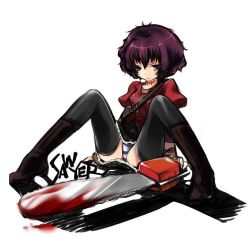 Rule 34 | 1girl, artist request, black lagoon, black thighhighs, blood, boots, chainsaw, frederica sawyer, layered sleeves, long sleeves, panties, pantyshot, puffy sleeves, purple hair, scar, scar on neck, short hair, short over long sleeves, short sleeves, sitting, skirt, solo, spread legs, striped clothes, striped panties, thighhighs, underwear, upskirt, weapon