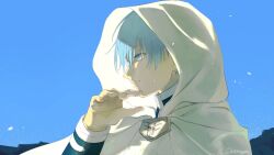 Rule 34 | 1boy, artist name, blue eyes, blue hair, blue sky, cape, capelet, chamwa, closed mouth, commentary, english commentary, hand up, highres, himmel (sousou no frieren), hood, hood up, hooded cape, light particles, long sleeves, male focus, mole, mole under eye, short hair, sky, solo, sousou no frieren, tears, upper body, white capelet