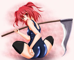 Rule 34 | 1girl, absurdres, adjusting clothes, adjusting swimsuit, ass, bad id, bad pixiv id, black thighhighs, blush, fang, female focus, hair bobbles, hair ornament, highres, indian style, one-piece swimsuit, onozuka komachi, red eyes, red hair, school swimsuit, scythe, shiny clothes, sitting, skindentation, smile, solo, swimsuit, tera hiroshi, thighhighs, touhou, twintails, two side up