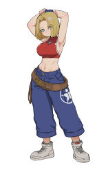 Rule 34 | 1girl, absurdres, armpits, arms behind head, belt, blonde hair, blue eyes, blue mary, breasts, fingerless gloves, gloves, highres, large breasts, midriff, navel, sideboob, smile, snk, the king of fighters