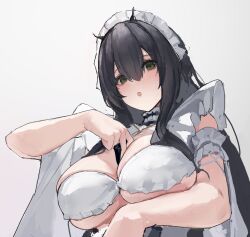 Rule 34 | 1girl, arm under breasts, azur lane, black hair, breasts, cleavage, green eyes, hair between eyes, highres, indomitable (azur lane), indomitable (ms. motivationless maid) (azur lane), large breasts, long hair, looking at viewer, lump saury, maid headdress, official alternate costume, simple background, solo, upper body, white background
