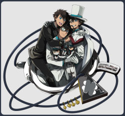 Rule 34 | 3boys, aruta1412, bad id, bad pixiv id, black border, black hair, blue eyes, border, cape, character doll, character name, formal, gloves, grey background, grin, hat, kaitou kid, kuroba kaito, male focus, meitantei conan, monocle, monocle chain, mouth hold, multiple boys, multiple persona, smile, suit, top hat, white gloves