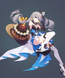 1girl absurdres bare_shoulders black_gloves boots breasts bronya_zaychik bronya_zaychik_(herrscher_of_reason) cake drill_hair earrings food full_body gloves grey_background grey_eyes grey_hair hair_between_eyes hair_ornament heart highres honkai_(series) honkai_impact_3rd jewelry long_hair looking_at_viewer navel open_mouth simple_background small_breasts solo sunrise929 thighhighs twin_drills white_footwear white_thighhighs