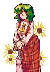 Rule 34 | 1girl, ascot, center frills, closed mouth, collared shirt, commentary request, flower, frilled sleeves, frills, green hair, holding, holding umbrella, kazami yuuka, long skirt, long sleeves, looking ahead, open clothes, open vest, parasol, phantasmagoria of flower view, plaid, plaid skirt, plaid vest, puffy long sleeves, puffy sleeves, red eyes, red skirt, red vest, shirt, short hair, skirt, smile, sunflower, suspenders, touhou, umbrella, vest, waiwa way, white background, white shirt, yellow ascot