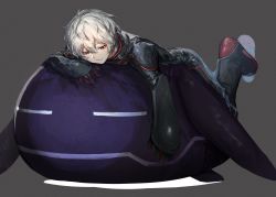 Rule 34 | 1boy, absurdres, arm guards, black bodysuit, black footwear, black gloves, bodysuit, facial scar, feet up, gloves, grey background, hair between eyes, highres, kuga yuuma, looking away, looking down, lying, male focus, mnmnwtsn, on stomach, outstretched arm, red eyes, replica, scar, scar on cheek, scar on face, short hair, simple background, smile, white hair, world trigger