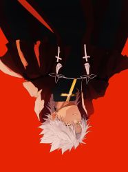 Rule 34 | 1boy, amakusa shirou (fate), brown eyes, cape, closed mouth, commentary request, cross, cross necklace, cross print, dark-skinned male, dark skin, earrings, fate/apocrypha, fate/grand order, fate (series), highres, jewelry, long sleeves, looking at viewer, male focus, mutsu (621300), necklace, parted bangs, parted lips, priest, red background, red cape, short hair, simple background, solo, spiked hair, stole, tassel, upper body, white hair, yellow eyes