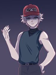 Rule 34 | 1boy, bare arms, bare shoulders, baseball cap, belt, blue eyes, closed mouth, fingernails, grey background, grey pants, hand on own hip, hand up, hat, headwear writing, highres, hunter x hunter, killua zoldyck, korean commentary, layered shirt, looking at viewer, male focus, pants, red hat, seuyugye, sharp fingernails, shirt, short hair, simple background, sleeveless, sleeveless shirt, solo, toned, toned male, turtleneck, v-neck, white hair