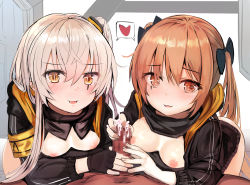 Rule 34 | 1boy, 2girls, :3, :d, armband, black bow, black gloves, black jacket, blush, bottomless, bow, breasts, brown eyes, brown hair, censored, commentary request, cooperative handjob, cum, fingerless gloves, fingernails, girls&#039; frontline, gloves, hair between eyes, hair bow, hair ornament, handjob, heart, hetero, hood, hood down, hooded jacket, jacket, leaning forward, light brown hair, long hair, long sleeves, looking at viewer, marisayaka, medium breasts, mosaic censoring, multiple girls, navel, nipples, nose blush, one side up, open clothes, open jacket, open mouth, out of frame, penis, pov, shared speech bubble, small breasts, smile, speech bubble, spoken heart, twintails, two-handed handjob, ump45 (girls&#039; frontline), ump9 (girls&#039; frontline), very long hair
