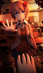 Rule 34 | 1girl, absurdres, blue eyes, blue skirt, bow, classroom, commentary, commission, desk, doki doki literature club, english commentary, glitch, hair between eyes, hair bow, highres, looking at viewer, outstretched arm, pov, pov hands, red bow, sayori (doki doki literature club), school desk, school uniform, short hair, skirt, solo, solo focus, sunset, tsukimaru