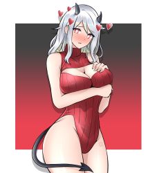 Rule 34 | 1girl, bare arms, bare shoulders, blush, breast hold, breasts, cleavage, cleavage cutout, clothing cutout, cowboy shot, demon girl, demon horns, demon tail, freshtango, hand on own chest, heart, heart-shaped pupils, heattech leotard, helltaker, highleg, highleg leotard, highres, horns, large breasts, leotard, long hair, looking at viewer, modeus (helltaker), mole, mole under eye, nose blush, parted lips, red eyes, red leotard, ribbed leotard, sidelocks, silver hair, sleeveless, sleeveless turtleneck, solo, symbol-shaped pupils, tail, thighs, turtleneck, two-tone background