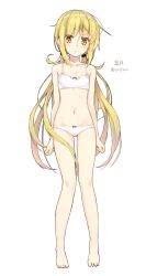 Rule 34 | 10s, 1girl, amagai tarou, bare shoulders, barefoot, blonde hair, blush, bow, bow bra, bow panties, bra, collarbone, feet, flat chest, full body, kantai collection, long hair, low twintails, navel, panties, satsuki (kancolle), sidelocks, simple background, solo, standing, training bra, twintails, underwear, underwear only, very long hair, white background, white bra, white panties, yellow eyes