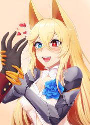 Rule 34 | absurdres, animal ears, blonde hair, blondy (ldlong), blouse, breasts, collar, corsage, dog ears, fangs, g41 (girls&#039; frontline), girls&#039; frontline, gloves, griffin &amp; kryuger military uniform, h&amp;k g41, heart, heart background, heterochromia, highres, holding hands, long hair, looking at hand, mechanical arms, medium breasts, open clothes, open mouth, open shirt, shirt, simple background, single mechanical arm, solo focus, sparkling eyes, white collar, white shirt