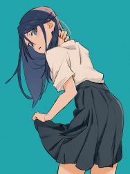 Rule 34 | 1girl, aqua background, black hair, cowboy shot, from behind, grey eyes, grey skirt, hair between eyes, hand on own neck, hand up, hoshino ichika (project sekai), leaning forward, limited palette, long hair, looking at viewer, looking back, mgc52003625, parted lips, project sekai, shirt, shirt tucked in, short sleeves, simple background, skirt, skirt hold, solo, white shirt