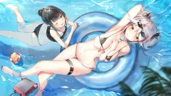 Rule 34 | 2girls, absurdres, antenna hair, armpits, azur lane, bikini, black bikini, black hair, black ribbon, blue eyes, breasts, cleavage, deal with it (meme), deutschland (azur lane), floatie, food, highres, innertube, isaka wasabi, large breasts, long hair, looking at viewer, medium breasts, meme, mole, mole on breast, multicolored hair, multiple girls, one eye closed, open mouth, popsicle, prinz eugen (azur lane), ribbon, side-tie bikini bottom, silver hair, skindentation, smile, streaked hair, sunglasses, sunglasses on head, swept bangs, swim ring, swimsuit, thigh strap, tongue, tongue out, twintails, two side up, water, yellow eyes