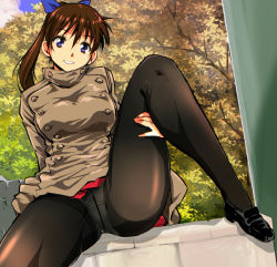 Rule 34 | 1girl, ass, black pantyhose, brown hair, buttons, crotch seam, double-breasted, kamisimo 90, loafers, looking at viewer, original, panties, panties under pantyhose, pantyhose, ponytail, purple eyes, shoes, sitting, skirt, smile, solo, spread legs, underwear, upskirt