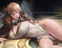 Rule 34 | 1girl, absurdres, beatrice (lost ark), blonde hair, breasts, cape, cleavage, dress, earrings, gem, hair ornament, highres, huge breasts, jewelry, large breasts, looking down, lost ark, solo, tangerine (dudu), thick thighs, thighs, white dress, wings