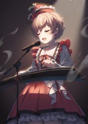 Rule 34 | 1girl, bow, breasts, brown background, brown hair, buttons, closed eyes, collar, collared shirt, dress, frills, hair between eyes, hajin, hands up, hat, highres, instrument, light, long sleeves, lyrica prismriver, medium breasts, microphone, microphone stand, music, open mouth, piano, playing instrument, red bow, red dress, red hat, shadow, shirt, short hair, simple background, singing, smile, solo, standing, star (symbol), teeth, tongue, touhou, white bow, white shirt