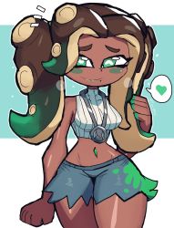 Rule 34 | 1girl, bare shoulders, black hair, blue background, blue shorts, blush, breasts, crop top, dark-skinned female, dark skin, green eyes, green hair, green lips, heart, highres, jewelry, long hair, looking at viewer, marina (splatoon), medium breasts, midriff, military uniform, mole, mole under mouth, multicolored hair, naval uniform, navel, necklace, nintendo, octoling, octopus girl, shorts, sleeveless, sleeveless sweater, smile, splatoon (series), splatoon 2, splatoon 2: octo expansion, spoken heart, standing, sweater, tentacle hair, tentacles, tony welt, torn clothes, torn shorts, twintails, two-tone hair, uniform, white sweater, wide hips