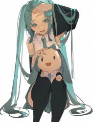 Rule 34 | 1girl, :d, adjusting hair, aqua eyes, aqua hair, aqua necktie, bare shoulders, black sleeves, black thighhighs, character name, chongzhen 085, cowboy shot, detached sleeves, forehead, hair ornament, hand up, hatsune miku, highres, long hair, looking at viewer, miniskirt, necktie, open mouth, parted bangs, shirt, sitting, skirt, sleeveless, sleeveless shirt, smile, solid oval eyes, solo, stuffed toy, thighhighs, twintails, very long hair, vocaloid, white background, white shirt