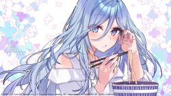 Rule 34 | 1girl, adjusting hair, blue eyes, blue hair, blush, bowl, chopsticks, commentary request, copyright notice, dress, fingernails, flower, food, hanagata, hinomori shizuku, holding, holding chopsticks, jewelry, long hair, looking at viewer, necklace, noodles, off-shoulder dress, off shoulder, official art, open mouth, project sekai, solo, very long hair, white dress
