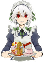 Rule 34 | 1girl, bad id, bad pixiv id, box, braid, cup, embodiment of scarlet devil, face, female focus, highres, izayoi sakuya, knife, kusugi tai, lipton, maid, maid headdress, product placement, red eyes, short hair, silver hair, sketch, solo, tea, teacup, throwing knife, touhou, twin braids, weapon