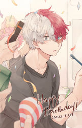 Rule 34 | 1boy, 1girl, ashido mina, birthday, blue eyes, blurry, blurry background, boku no hero academia, burn scar, colored skin, confetti, dated, english text, happy birthday, heterochromia, highres, horns, long sleeves, looking at viewer, male focus, messy hair, multicolored hair, ochi (lokun), pink hair, pink skin, red hair, scar, scar on face, short hair, sleeves pushed up, solo focus, split-color hair, surprised, todoroki shouto, toothbrush, two-tone hair, v-neck, white hair