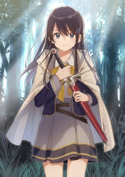 Rule 34 | 1girl, black hair, blue eyes, booota, cloak, closed mouth, cowboy shot, day, forest, hair between eyes, hair ornament, hairclip, hitoribocchi no isekai kouryaku, holding, holding sword, holding weapon, long hair, looking at viewer, nature, outdoors, sheath, sheathed, solo, sword, weapon